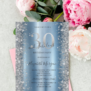 Silber Glitzer Diamanten Blau 30. Geburtstag Einladung