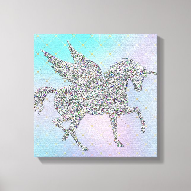 Silber Glitzer Einhorn auf Pastel Leinwanddruck (Vorderseite)