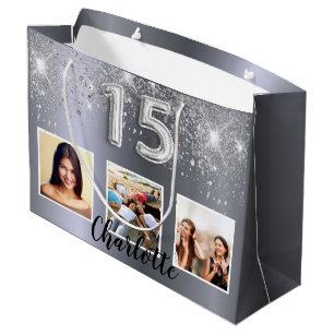Silber-Glitzer-Foto Quinceanera Große Geschenktüte