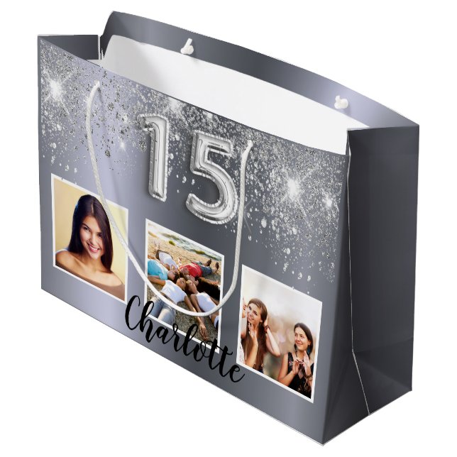 Silber-Glitzer-Foto Quinceanera Große Geschenktüte (Rückseite Schrägansicht)