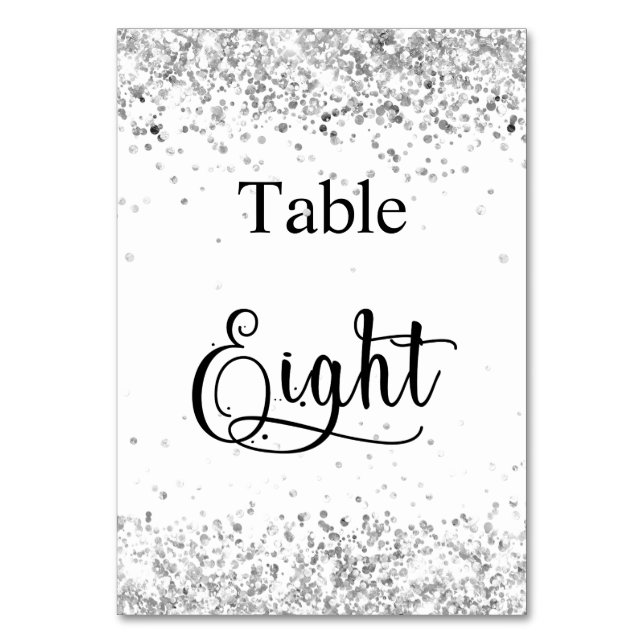 Silber-Glitzer-Kalligrafie-Tabelle 8 Tischnummer (Vorderseite)