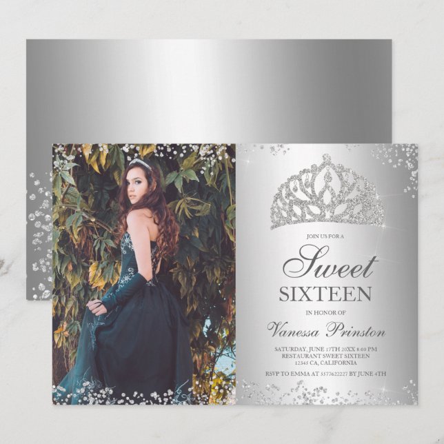Silber Glitzer metallisches Foto Tiara Sweet 16 Einladung (Vorne/Hinten)