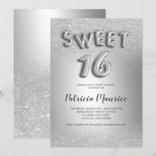 Silber Glitzer Ober Buchstaben graue Folie süß 16 Einladung