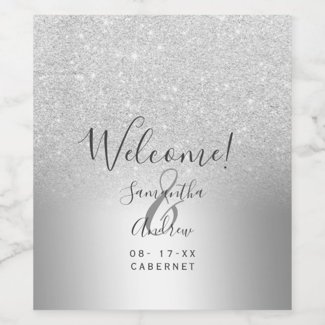 Silber Glitzer ombre Metallfolie Begrüßung Weinetikett (Einzelnes Label)