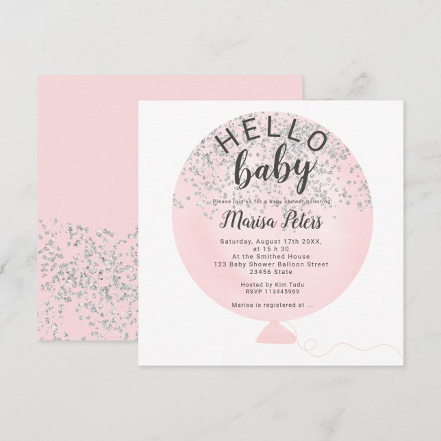 Silber Glitzer Rosa Ballon Babydusche Einladung (Vorne/Hinten)