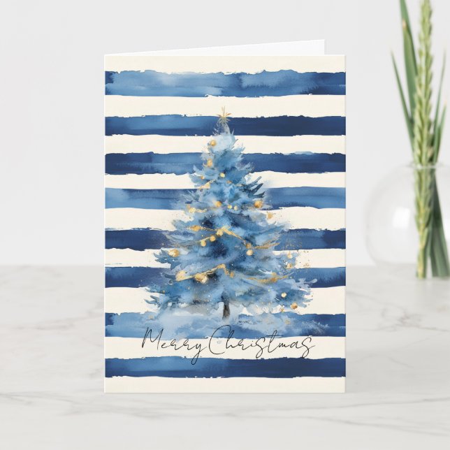 Silber Gold Blaue Streifen Weihnachtsbaum   Karte (Vorderseite)