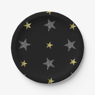 Silber & Gold Sterne Schwarze Hollywood Star Party Pappteller