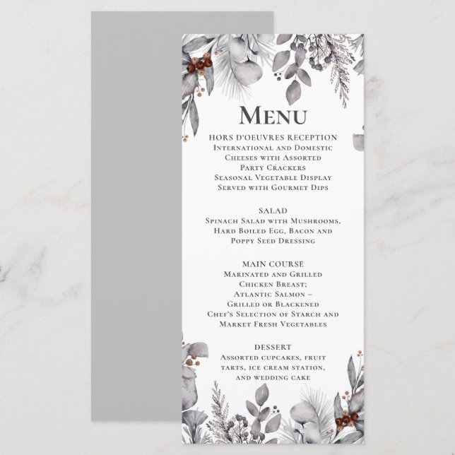 Silber, Grau, Rost Brown Bird Winter Botanical Me Menükarte (Vorne/Hinten)