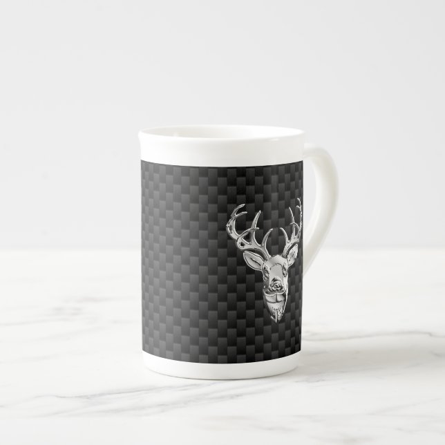 Silber Hirsch Design auf Carbon Fibre Style Print Prozellantasse (Vorderseite Rechts)