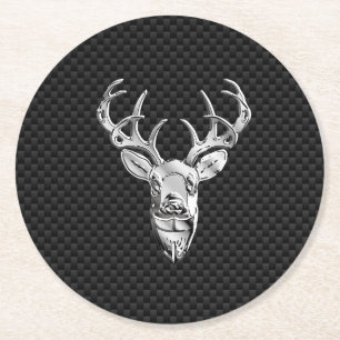 Silber Hirsch Kopf in Carbon Fiber Style Runder Pappuntersetzer