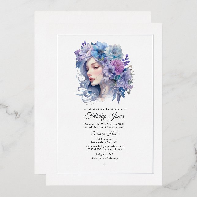 Silber, Icy Blue und Lilac Brautparty Folieneinladung (Vorderseite/Rückseite)