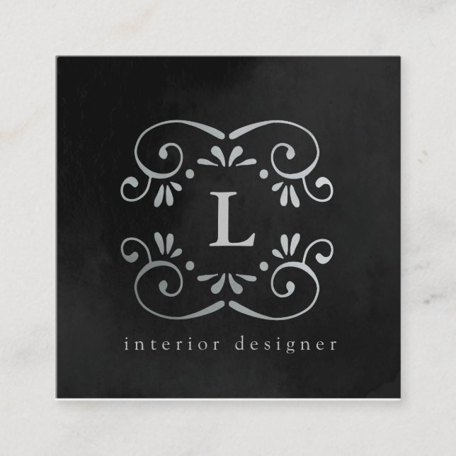 Silber-Imitat-Folie aus Seide, Monogramm geblüht Quadratische Visitenkarte (Vorderseite)