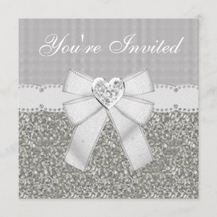Silber-Imitat Glitzer & White Sparkle Herzmuschel Einladung