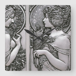 Silber ,Jugendstil ,Design, Frauen,Mucha,Schönhei Quadratische Wanduhr