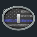 (Silber) Leutnant Thin Blue Line Distressive Flag Ovale Gürtelschnalle<br><div class="desc">(Silber) Leutnant Thin Blue Line Distressive Flag</div>