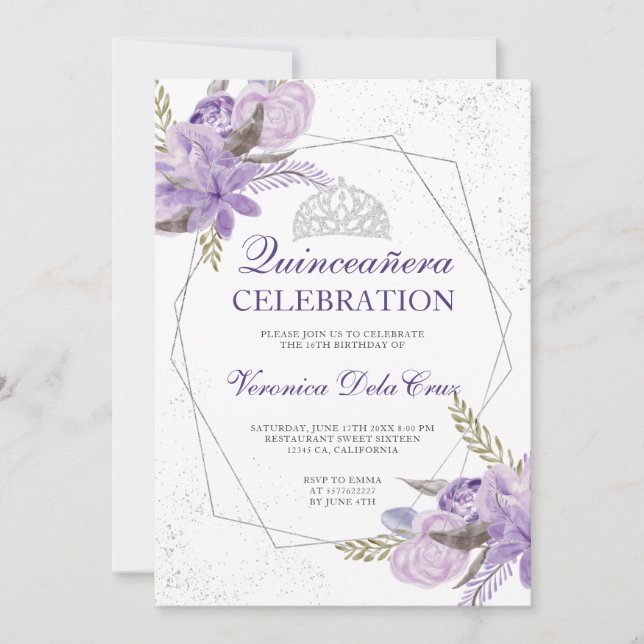 Silber lila florale Aquarell Quinceanera Einladung (Vorderseite)