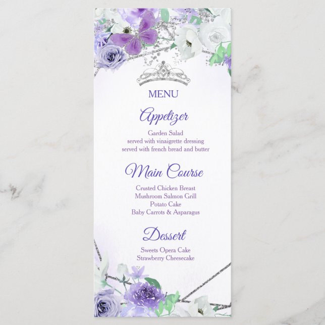 Silber & Lila Kleider Quinceañera Menükarte (Vorderseite)
