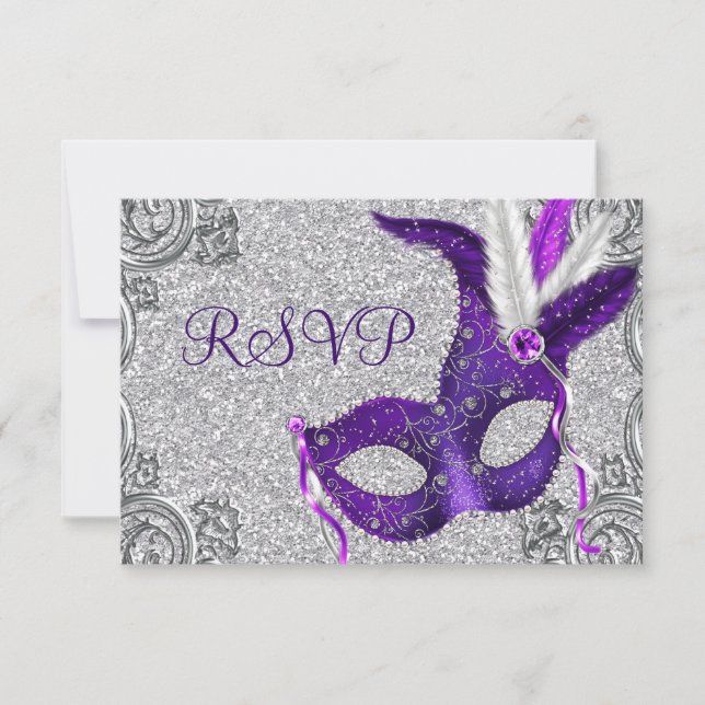 Silber Lila und Rosa Masquerade Party UAWG RSVP Karte (Vorderseite)