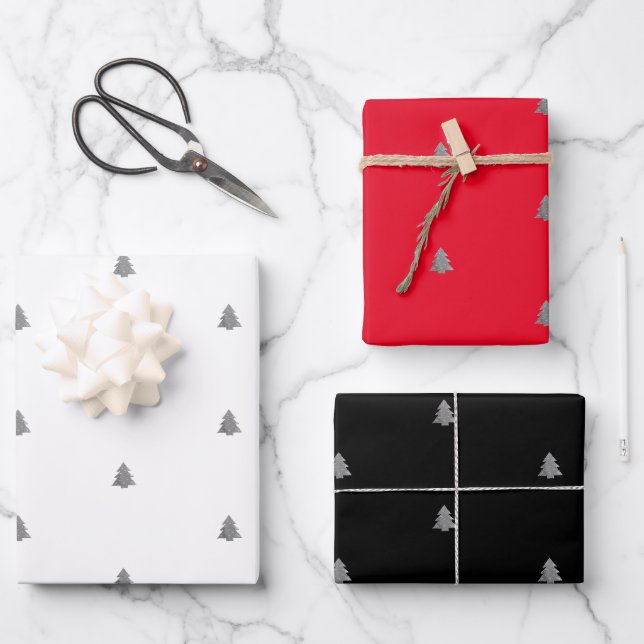 Silber Metall Weihnachtsbaum weißer Hintergrund Wr Geschenkpapier Set (Vorderseite)