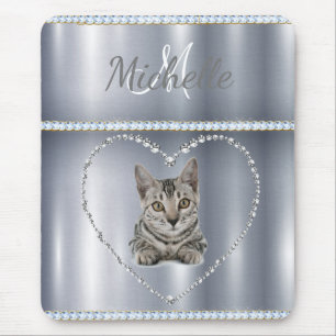 Silber Metallic, Strasssteine, Katze, Personalisie Mousepad