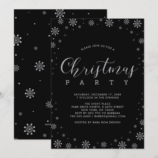 Silber | Moderne Schneeflocken Weihnachts-Abendess Einladung (Vorne/Hinten)