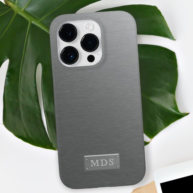 Silber Monogram Imitate gestreift iPhone 15 Pro Max Hülle (A classic and timeless faux brushed metal phone case with space for your initials)