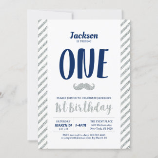 Silber, Mustache | Junge 1. Geburtstag Einladung