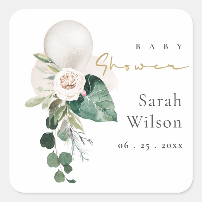SILBER OF WHITE BALLOON FLORAL BUNCH BABY DUSCHE QUADRATISCHER AUFKLEBER (Vorderseite)