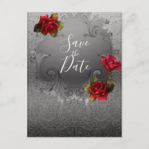 Silber-Ornamentale Vintage-Rote Rosen - Heiratsant Ankündigungspostkarte