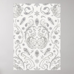 Silber-Pfauen-Filigran-Wintermusterplakat Poster