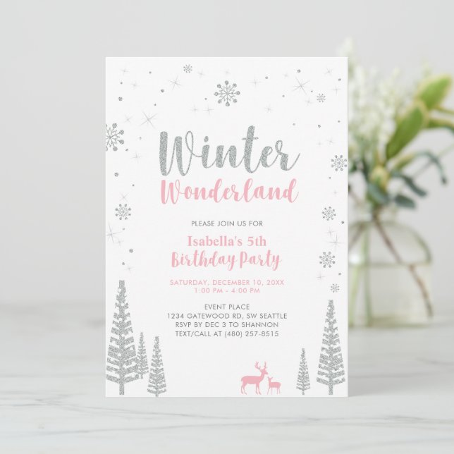 Silber, Pink Winter Wonderland Kindergeburtstag Pa Einladung (Stehend Vorderseite)