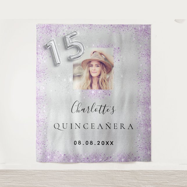 Silber-Quinceanera-lila Glitzer Foto Empfang Wandteppich (Vorderseite)