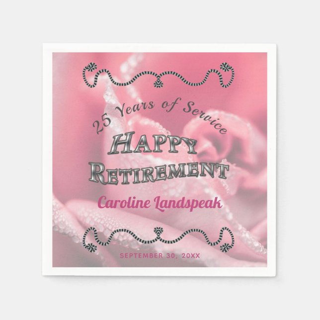 Silber Rahmen mit rosa Rose Foto Happy Rentirement Serviette (Vorderseite)