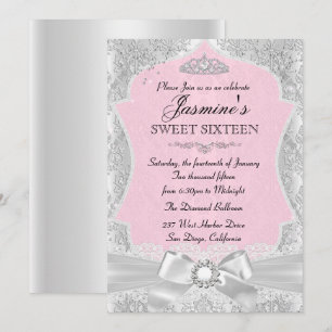 Silber-Rosa-Damask-Bogen Sweet 16 Einladung
