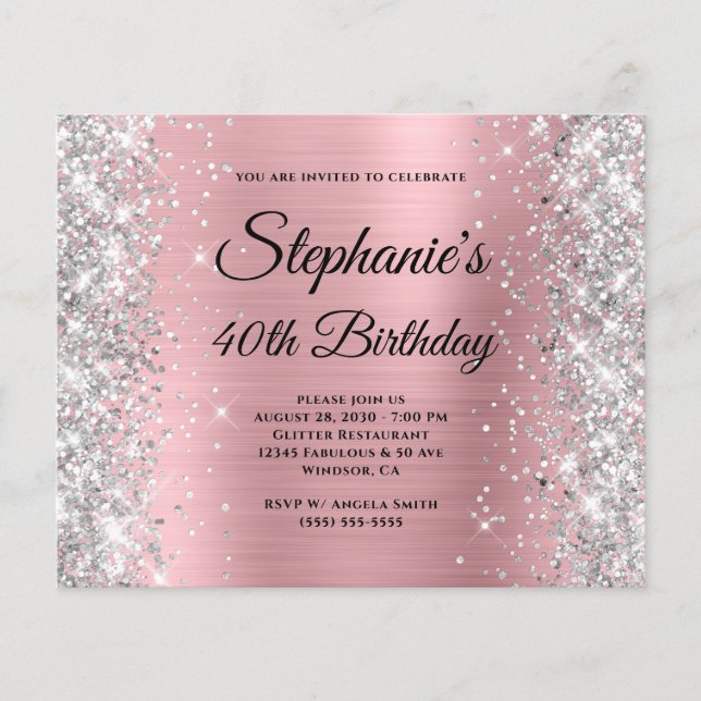 Silber-Rosa Glam Monogramm 40. Geburtstag Flyer (Vorne)