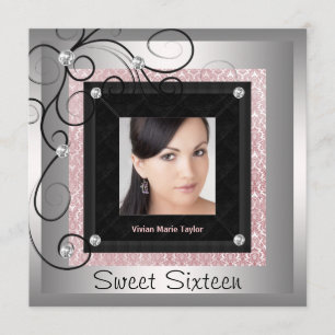 Silber Rosa Schwarz Damast Foto Sweet 16 Party Einladung