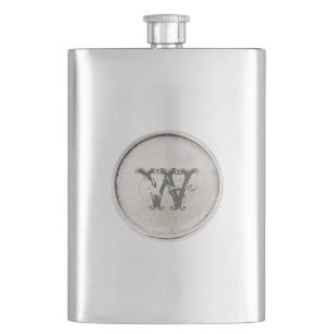 Silber rund mit Monogramm-rustikaler Flachmann