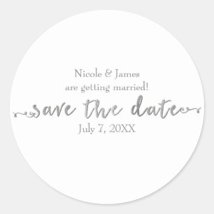 Silber Save the Date Schrift individuell angepasst Runder Aufkleber
