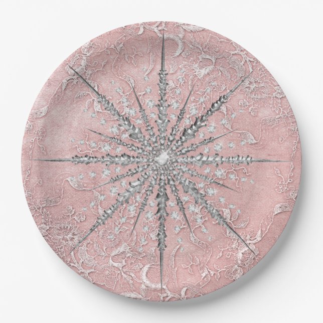 Silber Schneeflocke Rosa Vintager Winter Pappteller (Vorderseite)
