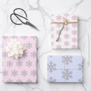 Silber Schneeflocken Muster Pink Blauer Weihnachte Geschenkpapier Set