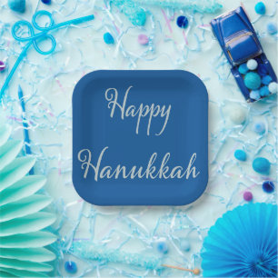 Silber Schrift Happy Chanukka Tekhelet Blau Pappteller