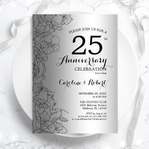 Silber-Schwarz-Blumenmuster zum 25. Jubiläum Einladung