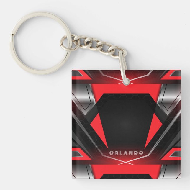 Silber, Schwarz, rotes geometrisches Gaming Monogr Schlüsselanhänger (Vorderseite)