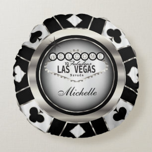 Silber, Schwarz und Weiß Poker Chip personalisier Rundes Kissen
