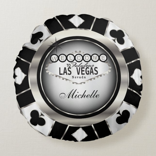 Silber, Schwarz und Weiß Poker Chip personalisiere Rundes Kissen (Vorderseite)