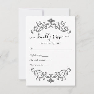 Silber Schwarz Weiß Verzierte Formal Hochzeit RSVP Karte