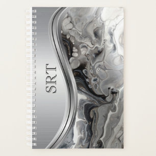 Silber-schwarze Fluid-Art-Metall-Monogramm Planer