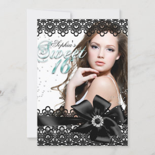 Silber-Schwarze-Jade-Spitze-Foto-Sweet-16-Einladun Einladung