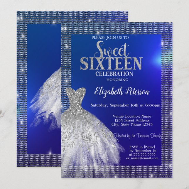 Silber Sequins, Dress Blue Sweet 16 Einladung (Vorne/Hinten)