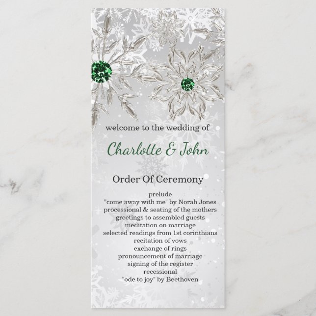 Silber Smarald Green Schneeflocken Winterhochzeit Programm (Vorderseite)